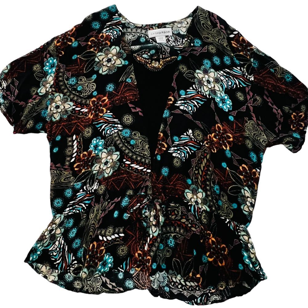 Sag Harbor Dark Multi-Color Beaded Neck Tie‎ Waist Workwear Blouse Size Large